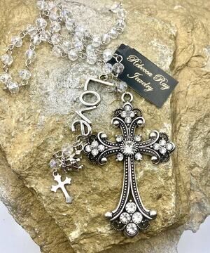 Silver Crystal Cross Charm Necklace | Crystal Stone & Bead Detail